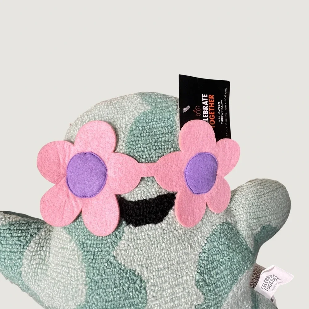Celebrate Together Pastel Hooked Ghost Halloween Throw Pillow Flower Sunglasses